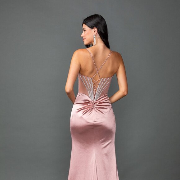 New Beads Embellished Prom Satin Dress w/ Gathered Waist & Lace Up Back DQ 4538 - Picture 7 of 9
